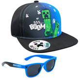 Minecraft Baseball Cap and Kids Sunglasses Set, Adjustable Boys Hat 100% UV Protection Kids Sunglasses - Gamer Gifts (Black/Blue)